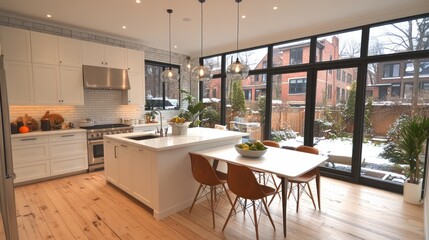 Modern kitchen, island, winter garden view, home design
