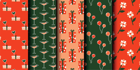 Fototapeta premium Set of birthday vector seamless pattern. Happy Birthday. Birthday symbols background. Bright colorful seamless birthday pattern with cakes, gifts and party symbols. Modern red and green design.