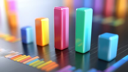 Business graphics visualizing company performance through colorful bar charts, pie charts, and data trends for corporate presentations.