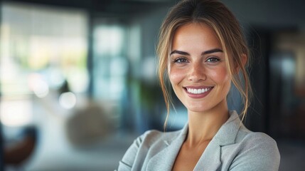 Fototapeta premium A confident young woman smiles in a professional setting
