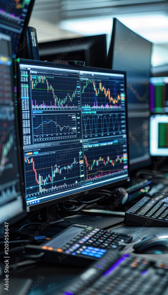 Poster high-tech financial analyst workspace with stock market data and graphical displays