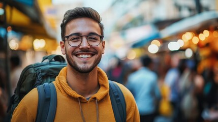 Fototapeta premium Happy Man Smiling Backpack Tourist Street Market