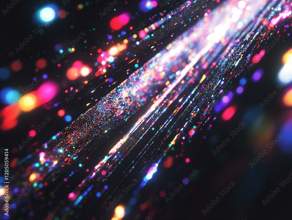 Poster glittering multicolored particles dynamic movement dark background
