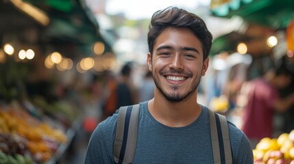 Naklejka premium Happy Young Man Smiling at a Market