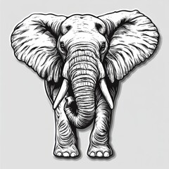 Obraz premium Detailed line art illustration of a majestic elephant with intricate textures and shadows, presented in a striking black and white design