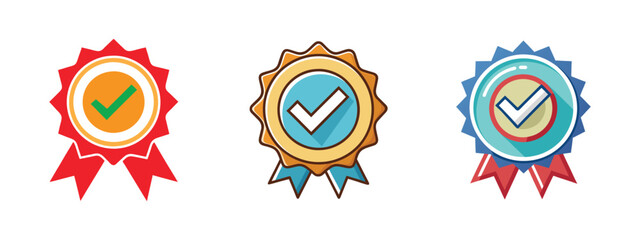 Award ribbon badge with checkmark for certification or recognition. Vector illustration