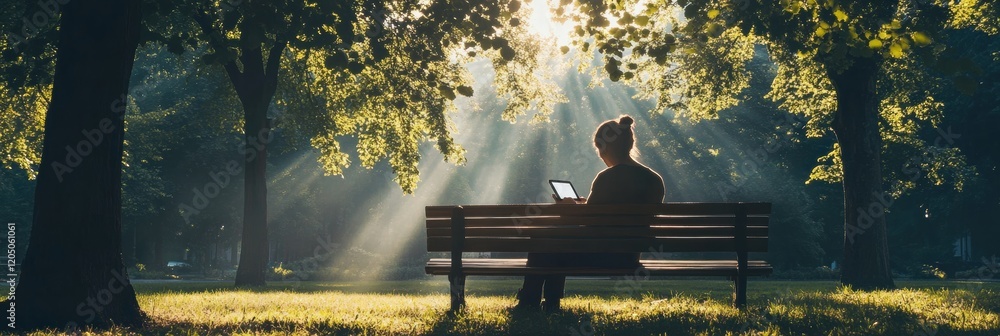 Poster person enjoys a quiet moment on a park bench while using a tablet under warm sunlight in the afterno