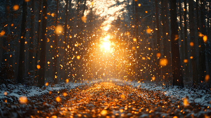 sunlight streams through the trees of a forest path, illuminating the snow-covered ground with a magical glow. Golden dust motes dance in the air, creating a dreamlike atmosphere 
