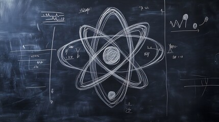 Artistic atomic symbol drawn in chalk on a blackboard, featuring detailed electron paths and educational notes