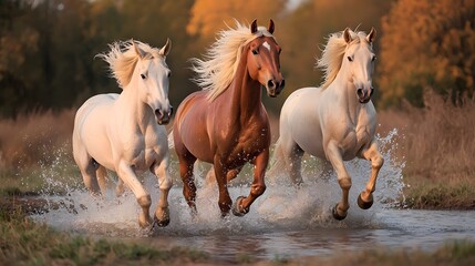 Obraz premium Majestic Horses Galloping Through a Splashing Waterhole in Autumn Scenery