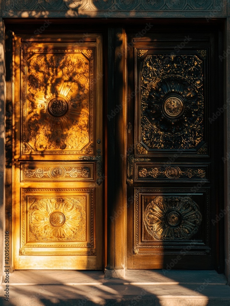 Poster intricate double doors with ornate designs illuminated by soft afternoon sunlight amidst shadows. ge