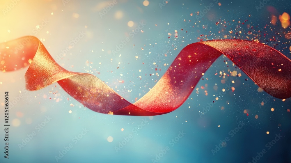 Aufkleber flowing red ribbon with sparkling particles in a soft blue background