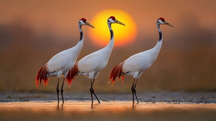 Naklejka premium Three Elegant Cranes Standing in a Shallow Waterhole at Sunset