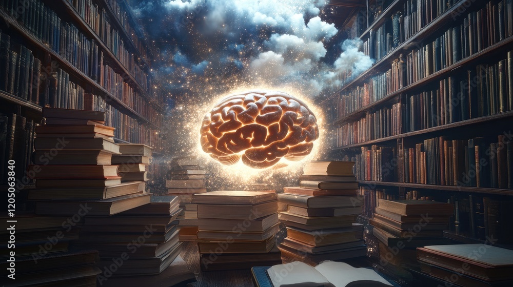 Poster illuminated brain above stacks of books in a library