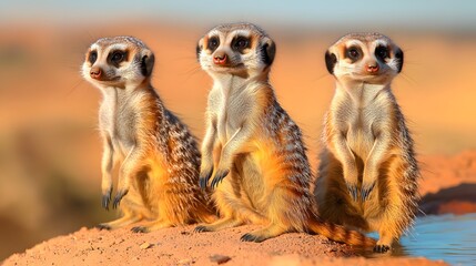 Fototapeta premium Trio of Meerkats Standing Guard Near Desert Waterhole