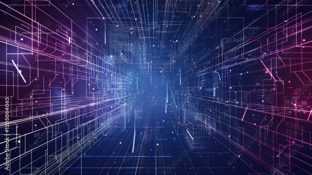 Poster a hand-drawn wireframe concept featuring an abstract, futuristic vector background with a tech-inspi
