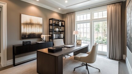 Modern office space with a large desk, chairs, a bookcase, and artwork in a neutral palette