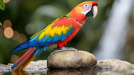 Vibrant Macaw Perching Near a Waterhole and Waterfall in a Tropical Setting