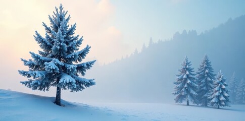Snow-covered pine trees under misty foggy sky, tree, branch, icy