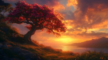 Obraz premium Majestic flowering tree silhouetted against a vibrant sunset landscape