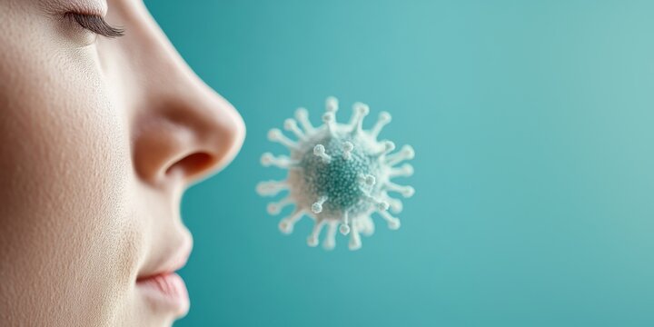 Close-Up of Woman's Face with Floating Bacteria Triggering Allergic Reactions in Background