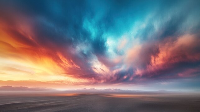 Dramatic sunset sky with vibrant colors over a vast desert landscape and mountains - Powered by Adobe