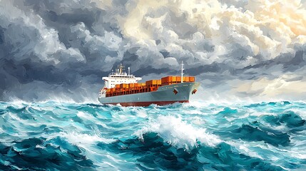 Container Ship Battling Stormy Seas - Impressionistic Painting.