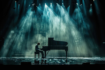Pianist musician playing grand piano at classical traditional concert from stage under spotlights.