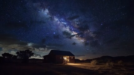 Night Sky Over Cabin with Stars and Milky Way, a tranquil scene of a small wooden cabin under starry skies