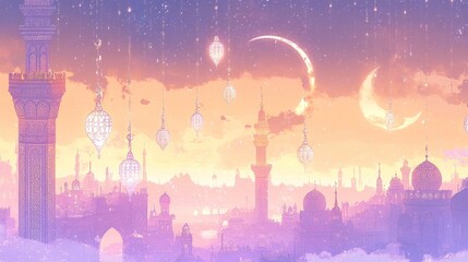 Dreamlike Cityscape Underneath a Crescent Moon