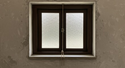 Fototapeta premium A textured frosted glass window with a dark wooden frame set in a rough, cracked wall, featuring a tied cord hanging in the center.