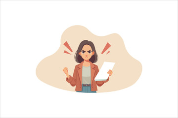 Illustration angry young woman holding document papers. Vector illustration.