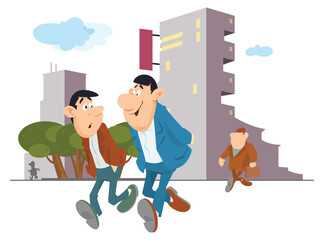Two funny friends walking city talking.