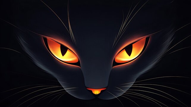 A sleek black cat with glowing eyes staring intensely on a completely black background