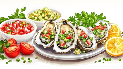 Fresh Oysters with Pico de Gallo, Guacamole, and Lemon Wedges.