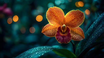 vibrant orange orchid with water droplets, glowing in a dark garden