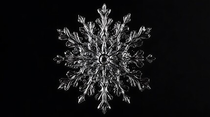 A delicate snowflake intricately detailed on a completely black background