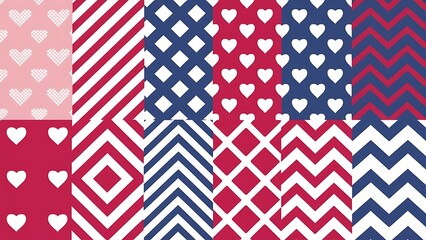 12 Cute different vector seamless patterns (tiling). Pink, red and blue color. Endless texture can be used for printing onto fabric and paper or scrap booking. Heart, stripes, rhombus, chevron.