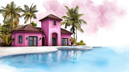 Fototapeta premium Vibrant Pink Villa by Pool Surrounded by Tropical Palm Trees