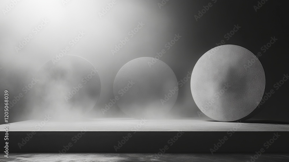 Poster three grey circles resting on a platform with fog