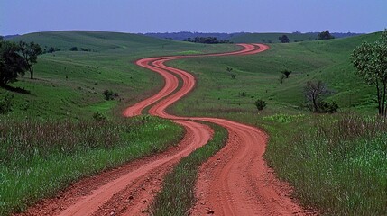 Winding red dirt road through prairie hills at sunset, travel