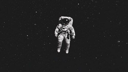 A lone astronaut floating in space with a completely black background