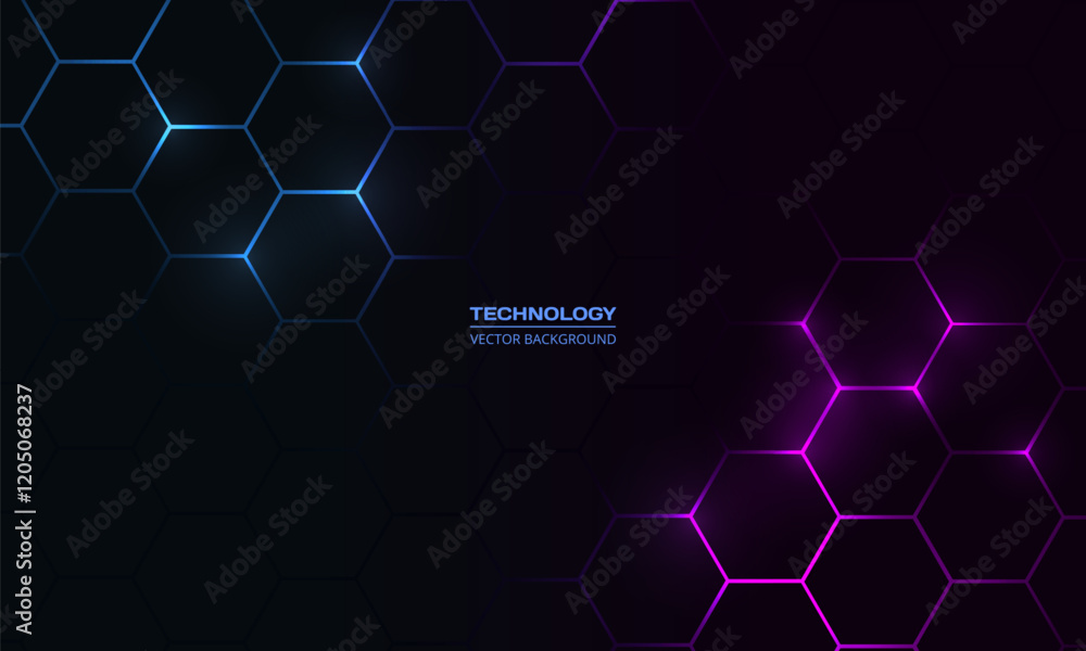 Poster Dark hexagon abstract technology background with blue and pink colored bright flashes under hexagon. Hexagonal gaming vector abstract tech background.