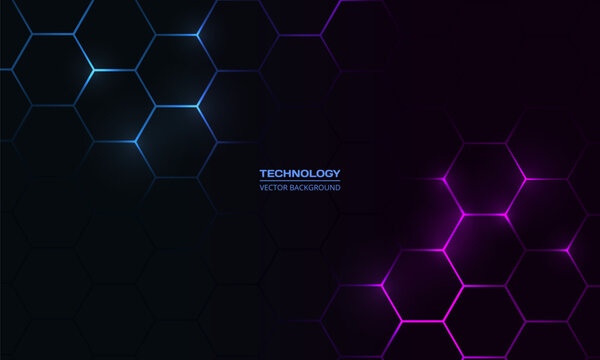 Dark hexagon abstract technology background with blue and pink colored bright flashes under hexagon. Hexagonal gaming vector abstract tech background.