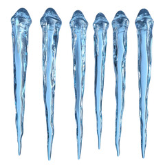 Fototapeta premium A row of six clear, elongated icicles hanging downwards.