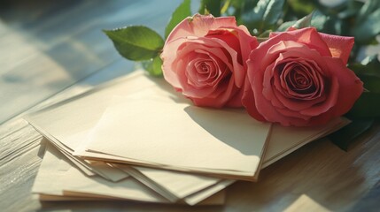 Elegant Pink Roses with Blank Envelopes on Wooden Surface