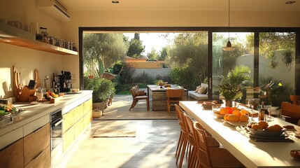 Modern kitchen opens to sunny garden patio
