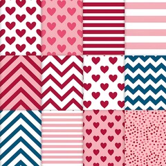 Obraz premium 12 Cute different vector seamless patterns (tiling). Pink, red and blue color. Endless texture can be used for printing onto fabric and paper or scrap booking. Heart, stripes, rhombus, chevron.