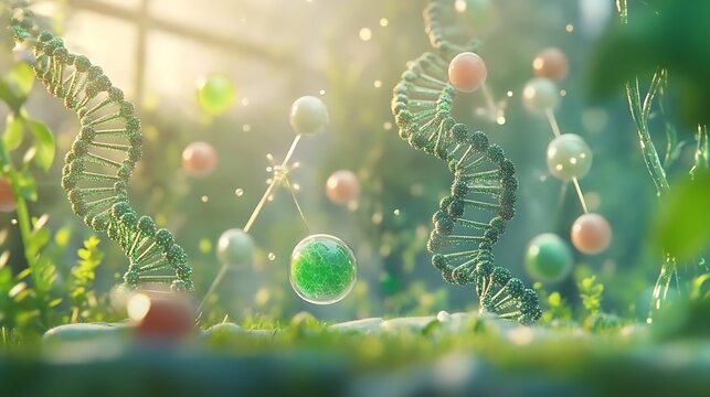 Green DNA strands and glowing spheres floating above a grassy meadow