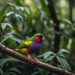 Obraz premium A multicolored Gouldian finch in a rainforest, side-view, high-resolution photo, blurred tropical foliage, full body in focus.